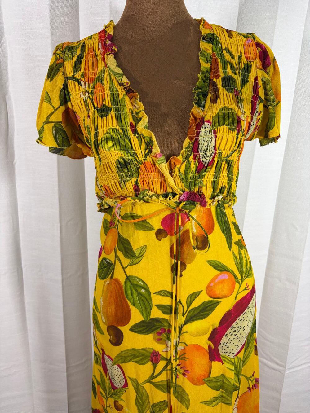 FARM Rio Fruit Lovers Yellow Smocked Maxi Dress Small Beaded Tassels